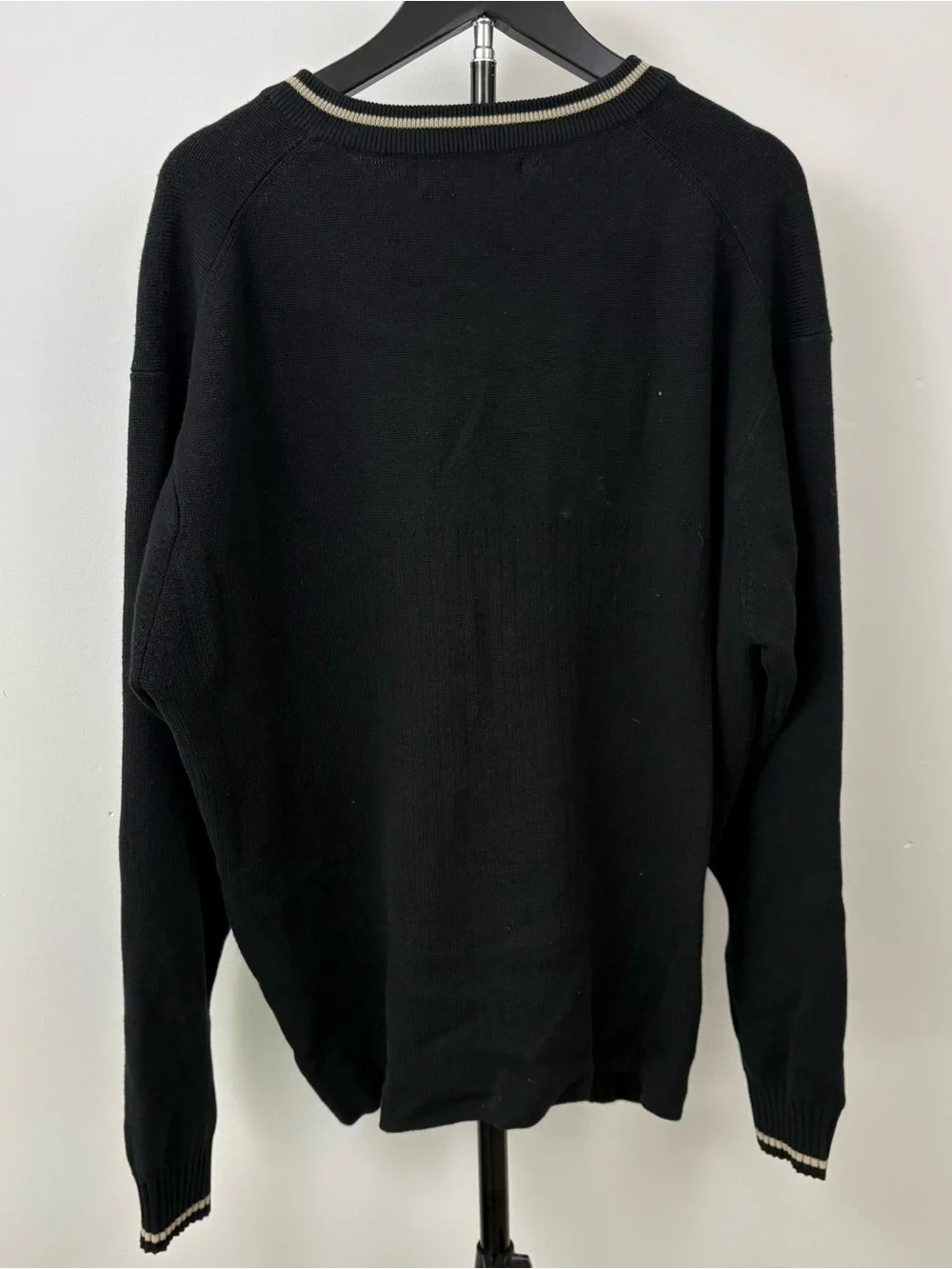 Vintage Polo by Ralph Lauren Black + Gold V-Neck Sweater with Contrast Stripes